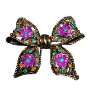Vintage Multi Colored Crystal Bow Ribbon Brooch, 3" Wide